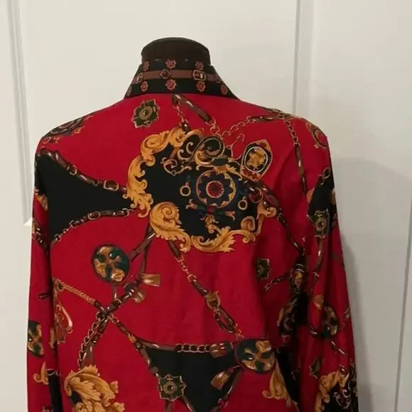 Talbots 100% Silk Red Black Equestrian Mobwife Button Down Shirt Top Size 12P - Picture 6 of 8